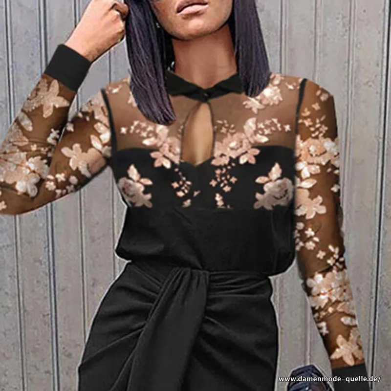 Damen Elegantes Kleid Rundhals Mittlere Länge Kleid Bestickt