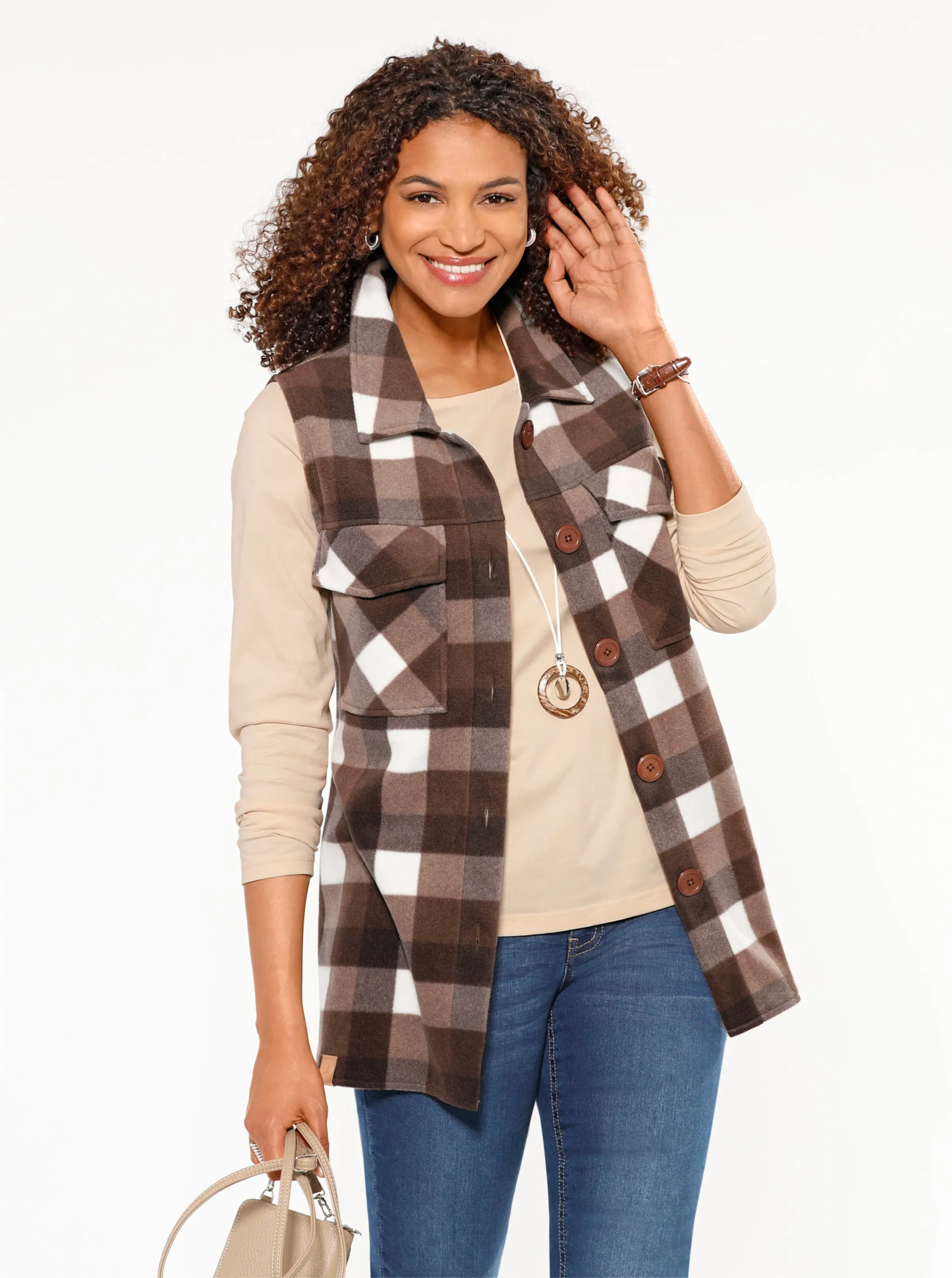 Fleece-Weste in schoko-ecru-kariert