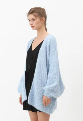 Fuzzy Open Front Waffle Knit Cardigan in Blue
