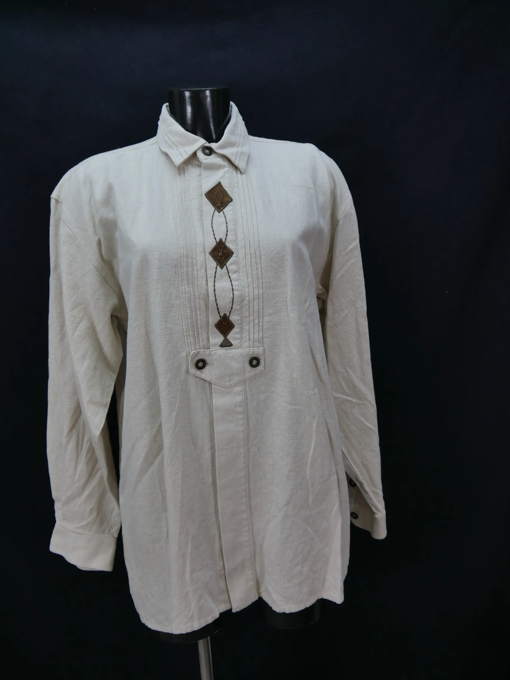 Gr.M Trachtenhemd Sonnblick beige Leinen Applikation Trachten Hemd TH1480