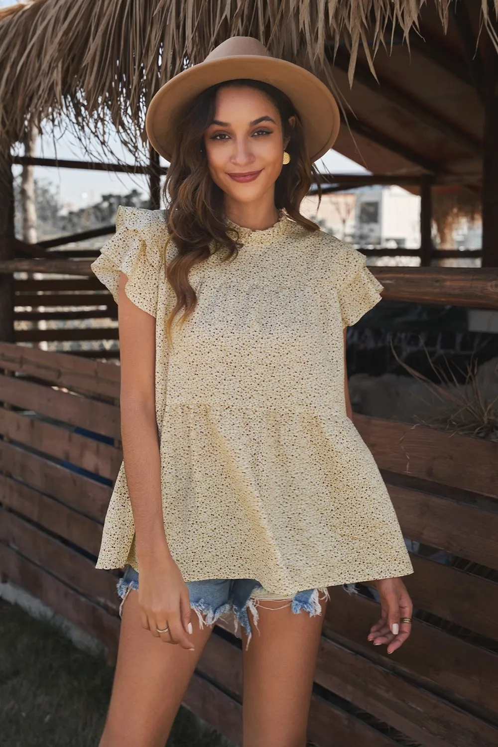 Leopard Kurz Double Layer Ärmel Rüsche Stehkragen Blusen