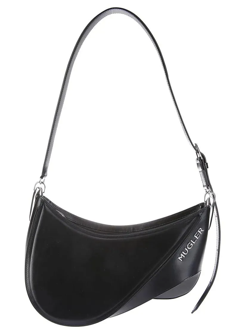   Mugler  Large Leather Bag With Metallic Logo Black  Schultertasche 