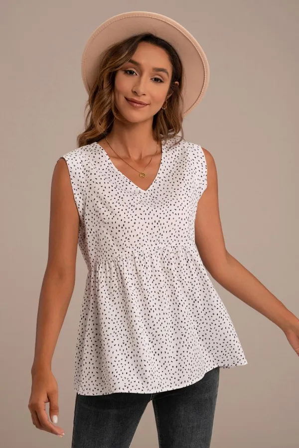 Weiß Ärmellos V-Ausschnitt Animal Drucken Peplum Blusen